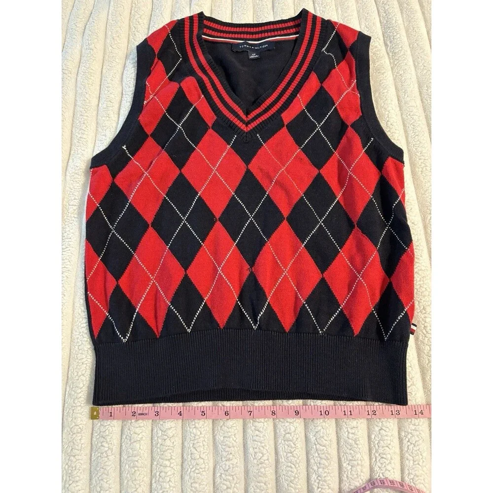 Tommy Hilfiger Argyle Sweater Vest Small Navy Blue Red Preppy Knit Academia